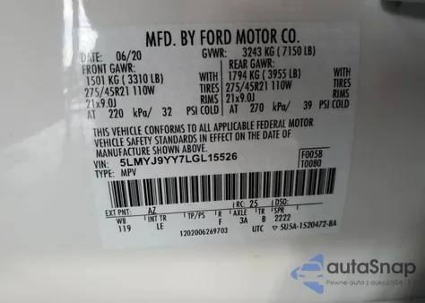 2020 Lincoln Aviator Black Label Grand Touring z USA, uszkodzony, nr VIN 5LMYJ9YY7LGL15526